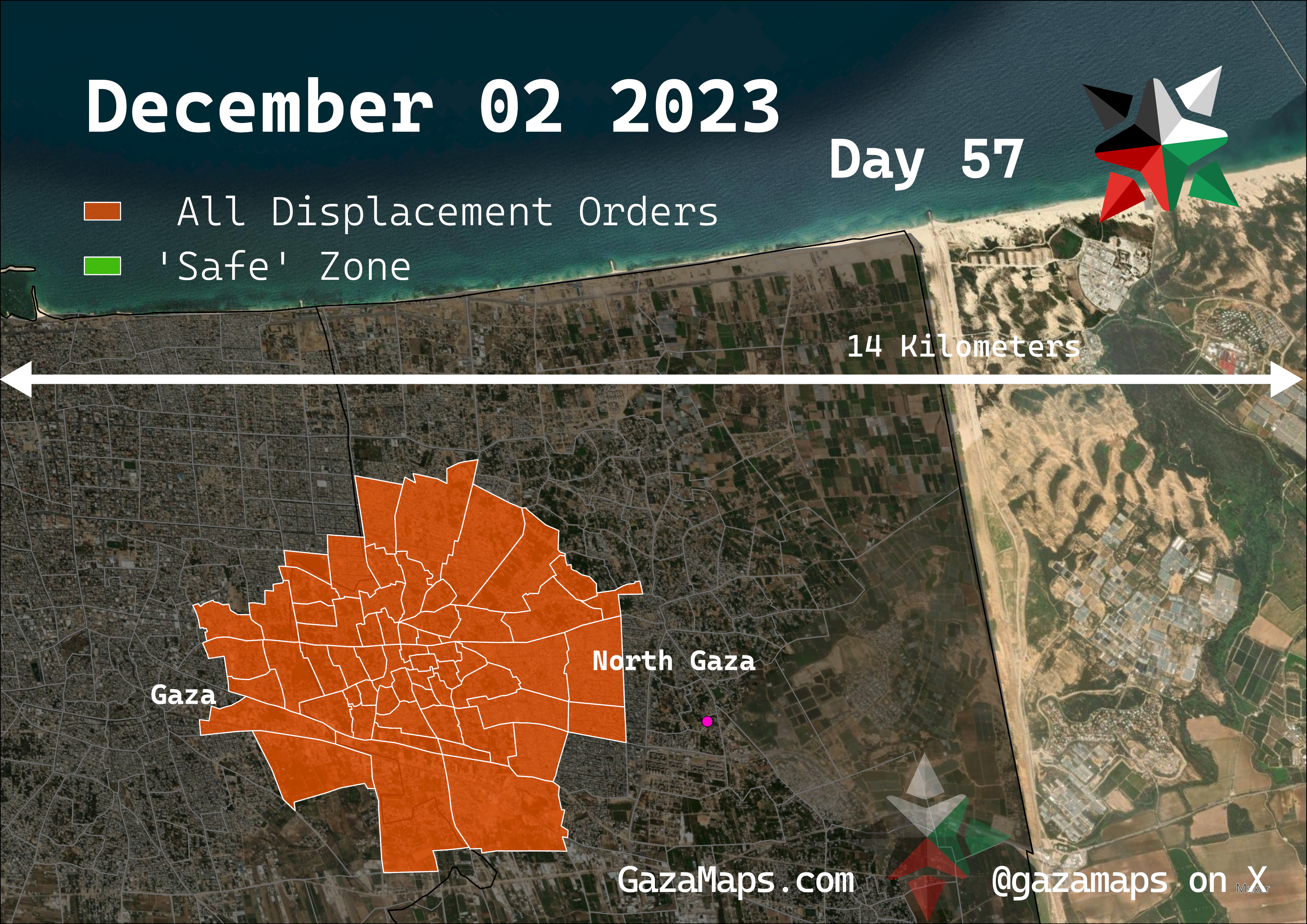 GazaMaps original map, based on IDF displacement order from 02 December, 2023