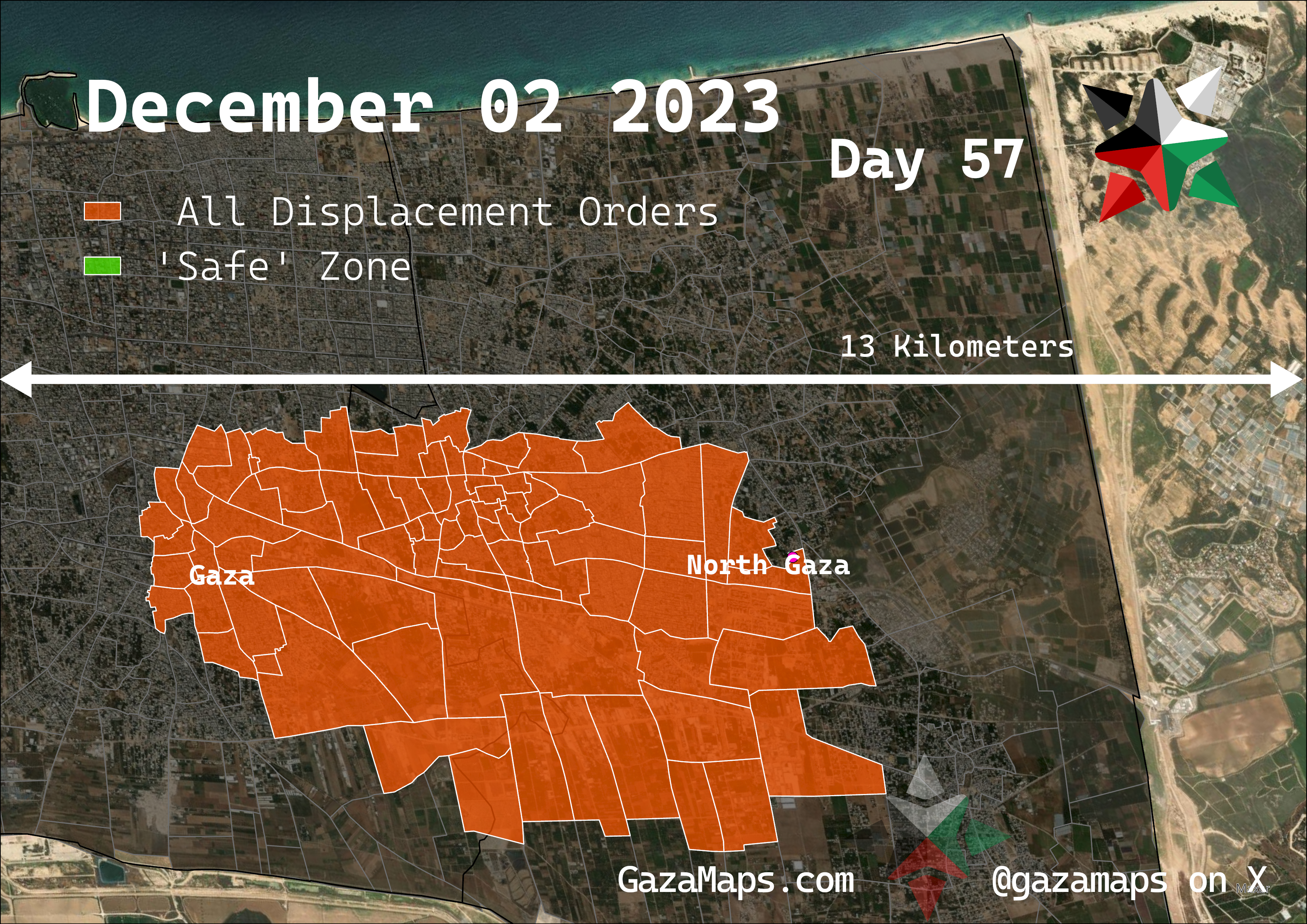 GazaMaps original map, based on IDF displacement order from 02 December, 2023