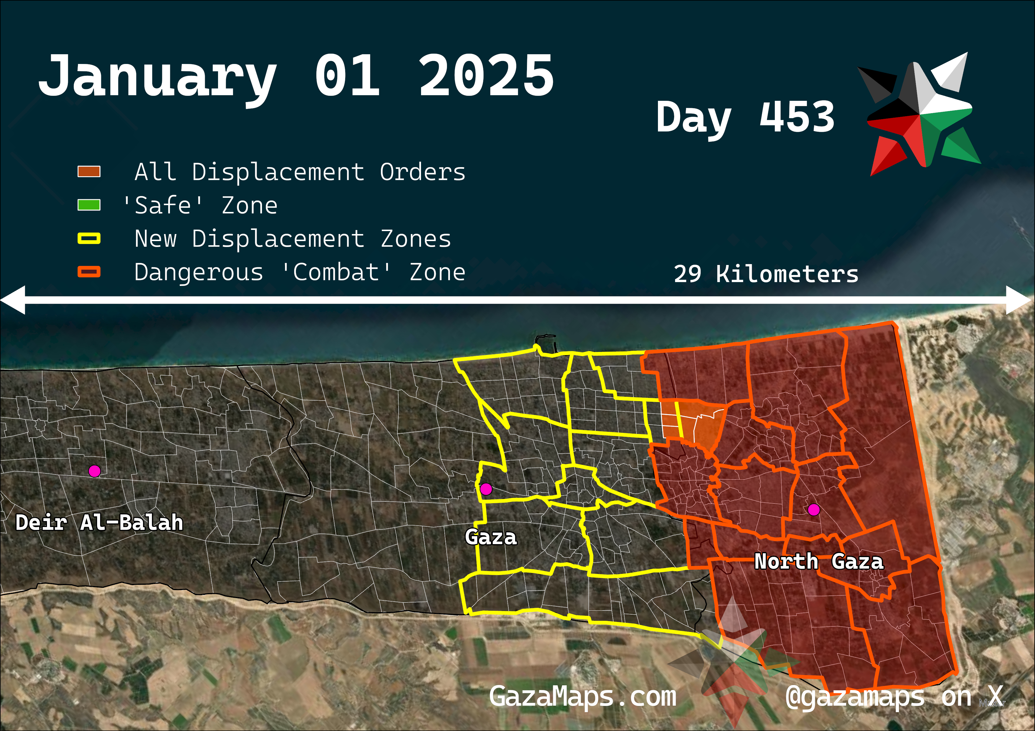 GazaMaps original map, based on IDF displacement order from 01 January, 2025