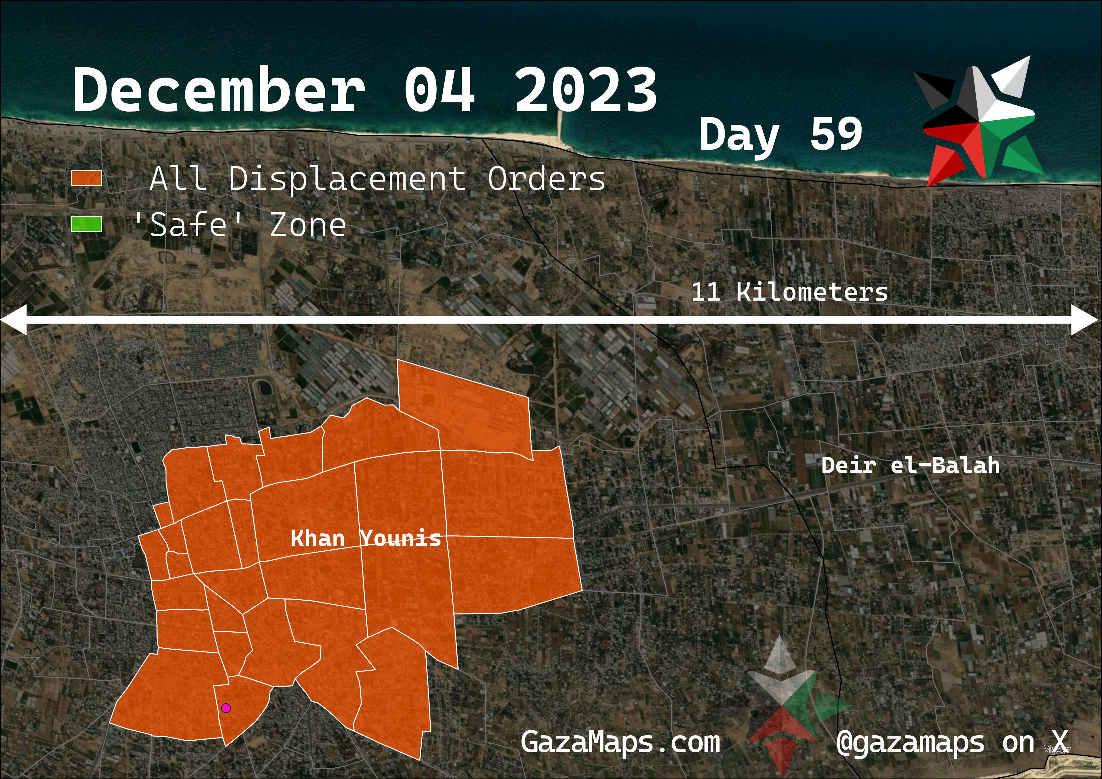 GazaMaps original map, based on IDF displacement order from 04 December, 2023