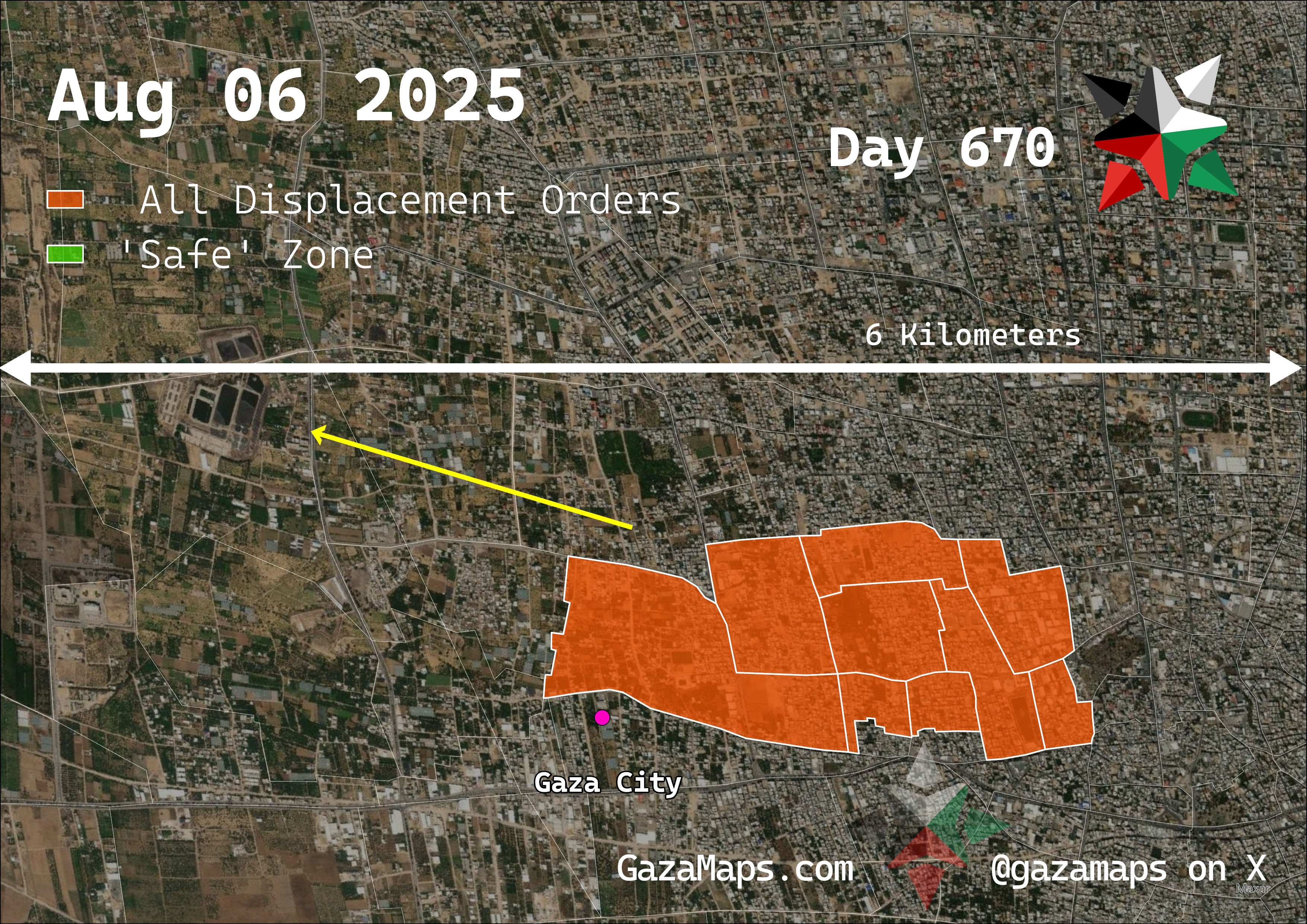 GazaMaps original map, based on IDF displacement order from 06 August, 2025