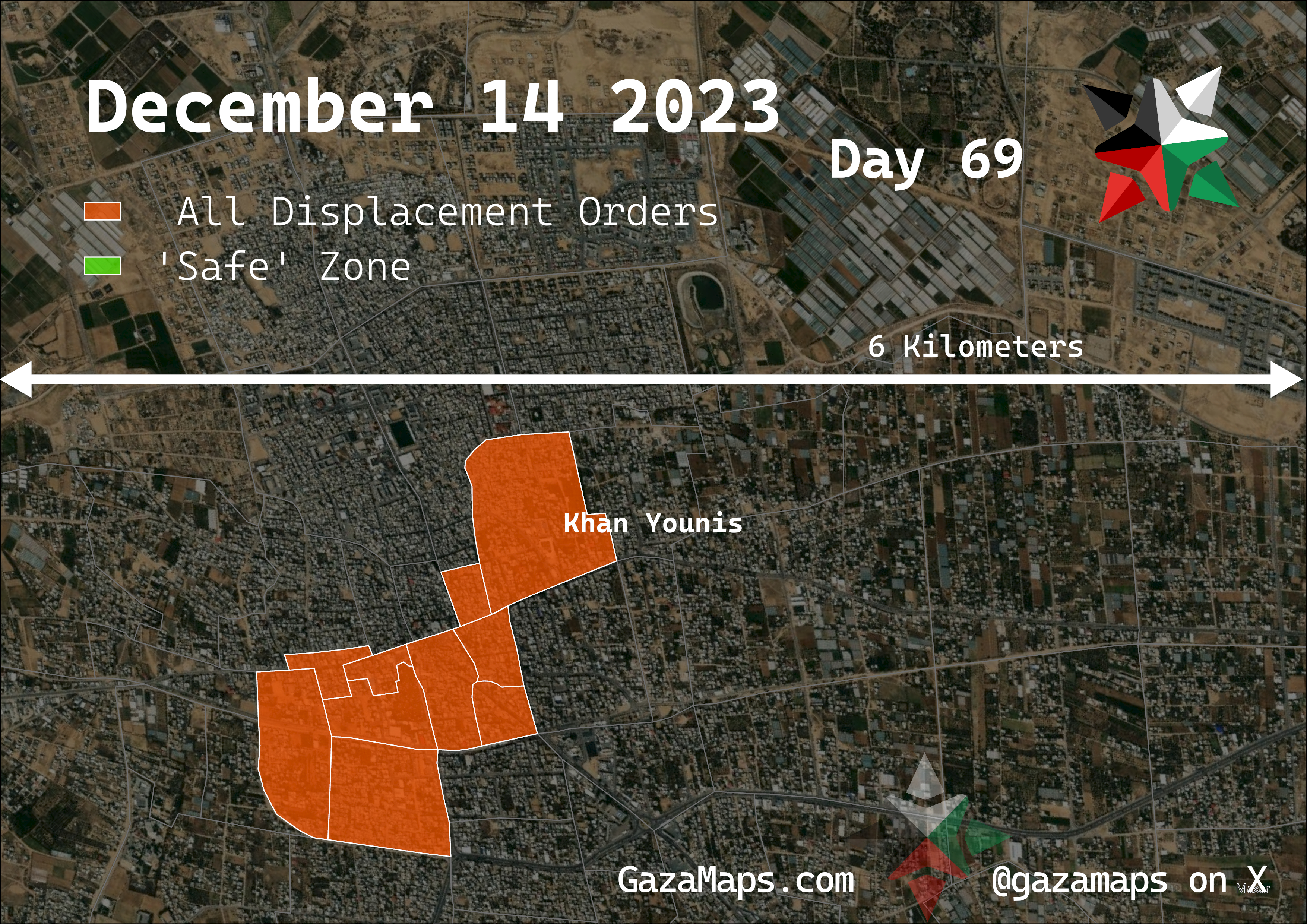 GazaMaps original map, based on IDF displacement order from 14 December, 2023