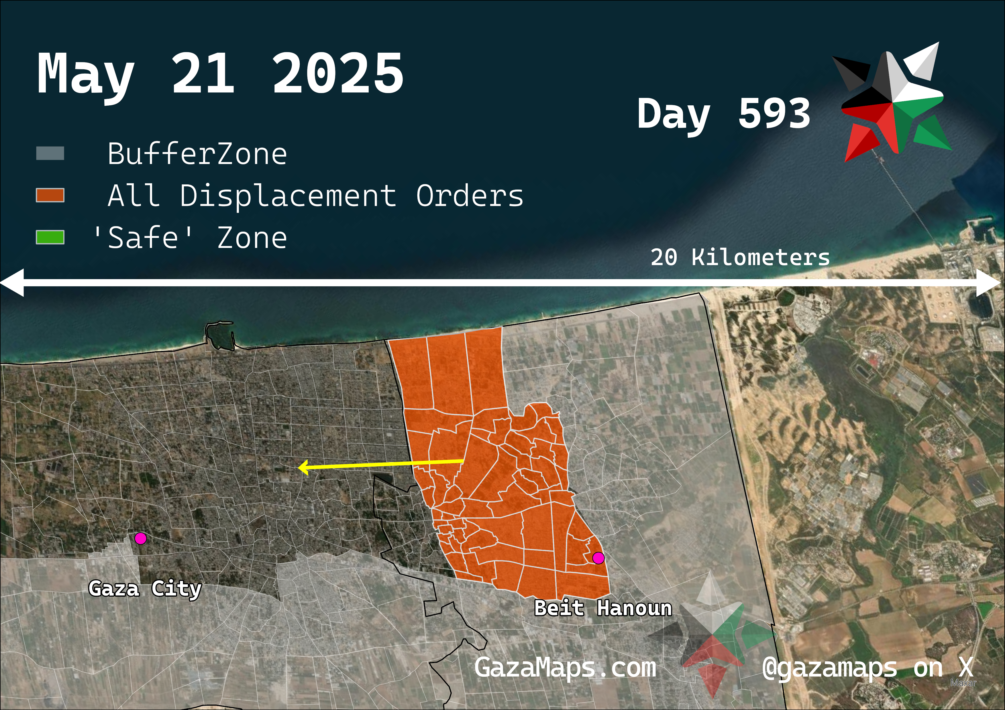 GazaMaps original map, based on IDF displacement order from 21 May, 2025