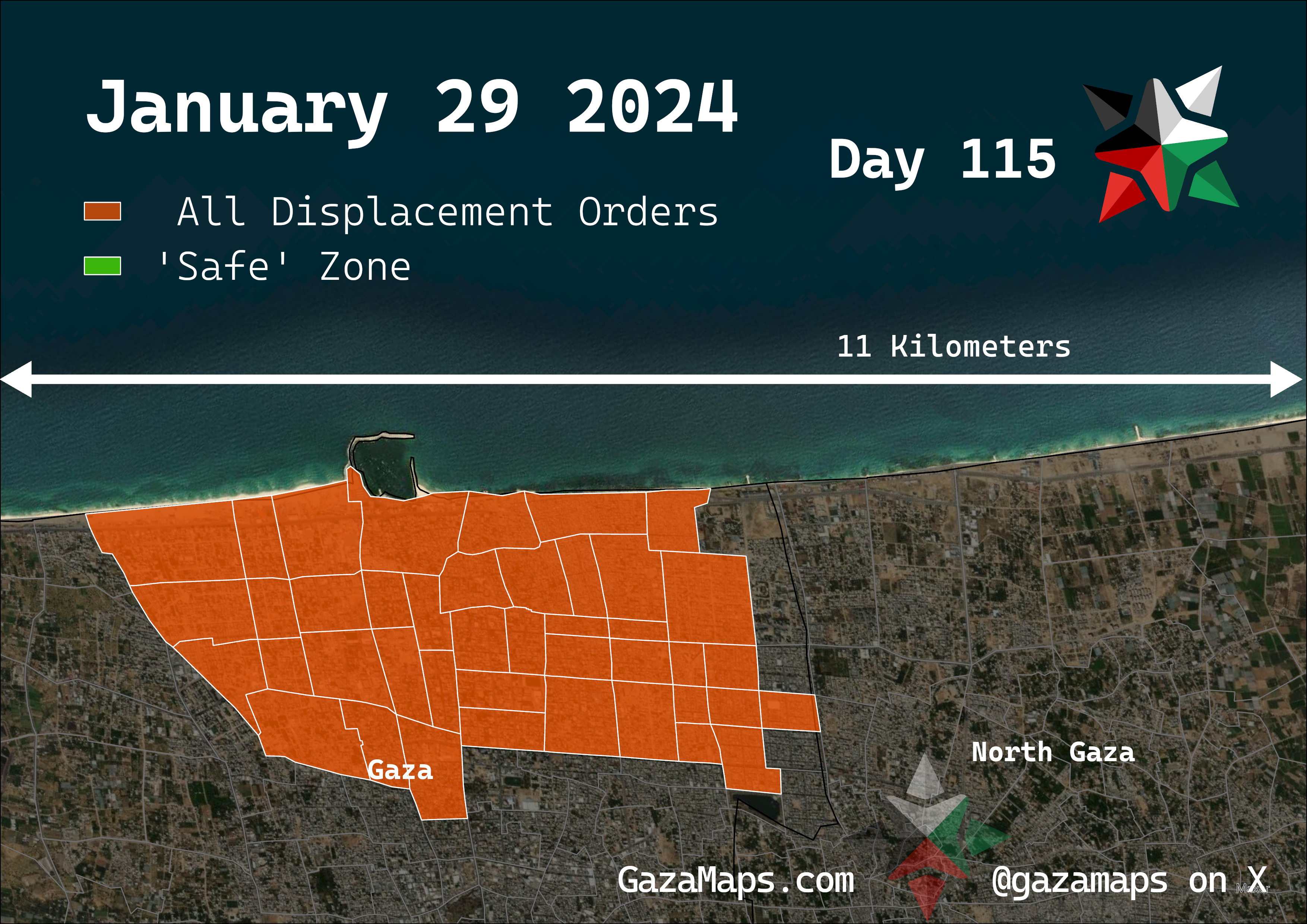 GazaMaps original map, based on IDF displacement order from 29 January, 2024