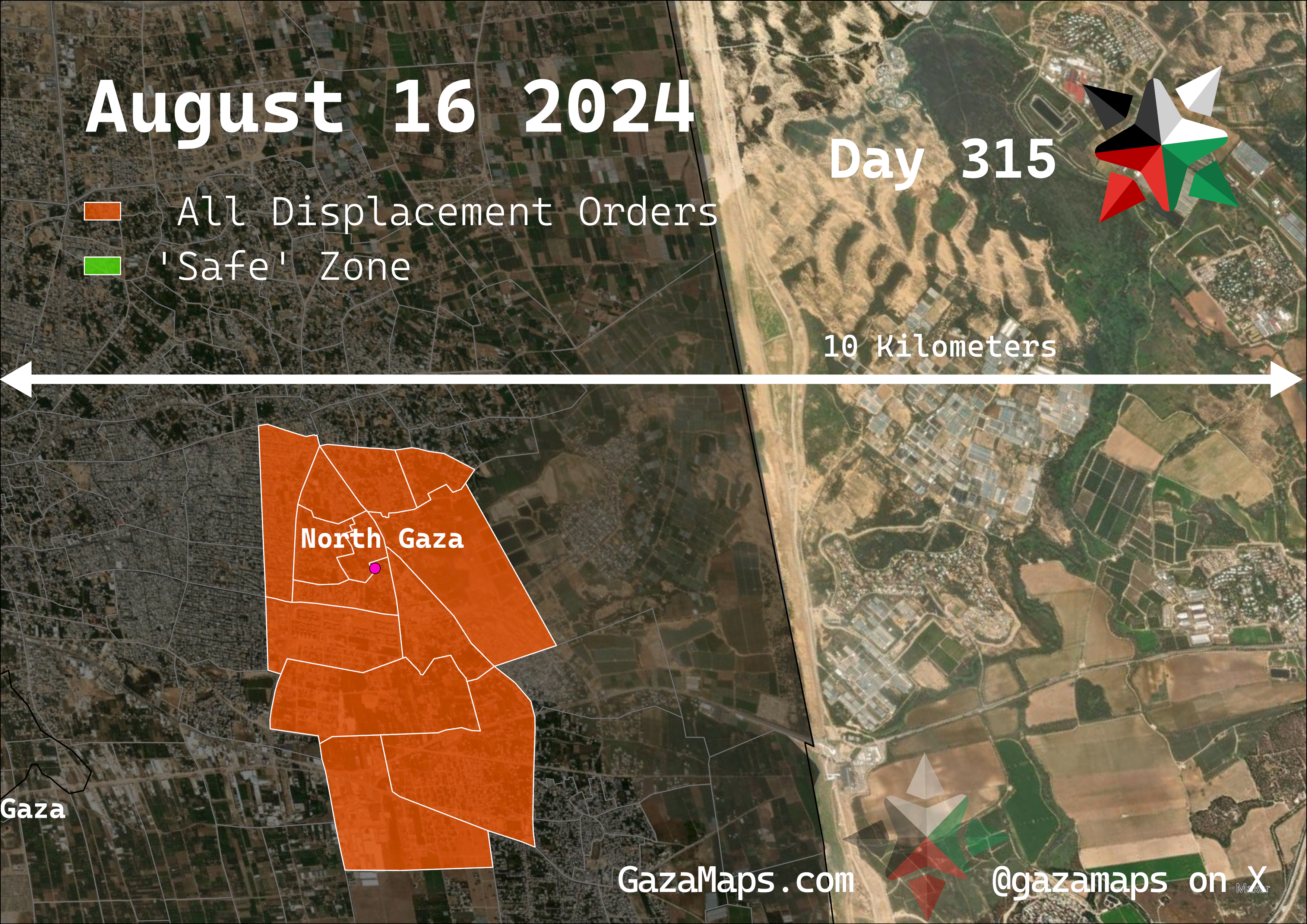 GazaMaps original map, based on IDF displacement order from 16 August, 2024