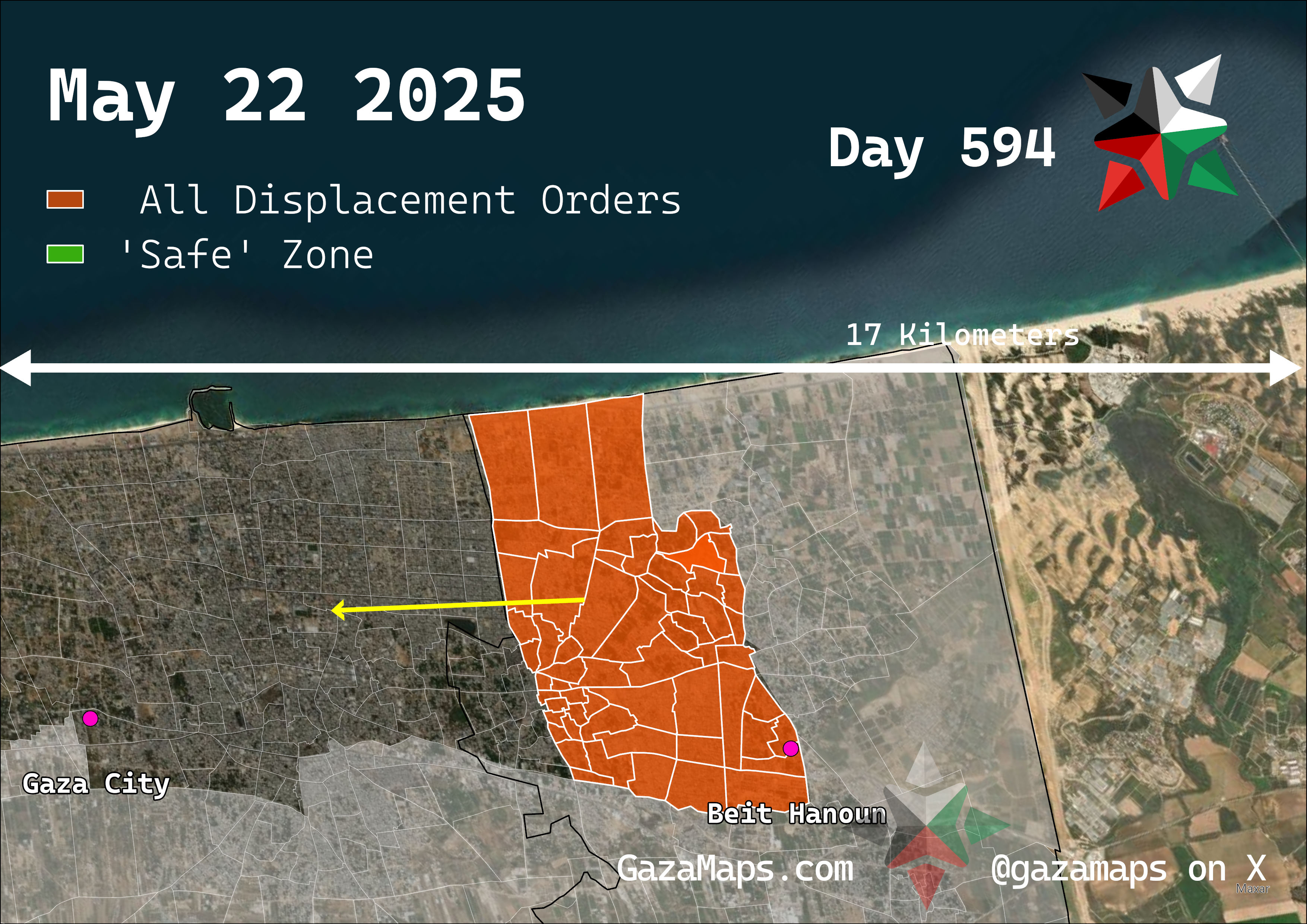 GazaMaps original map, based on IDF displacement order from 22 May, 2025