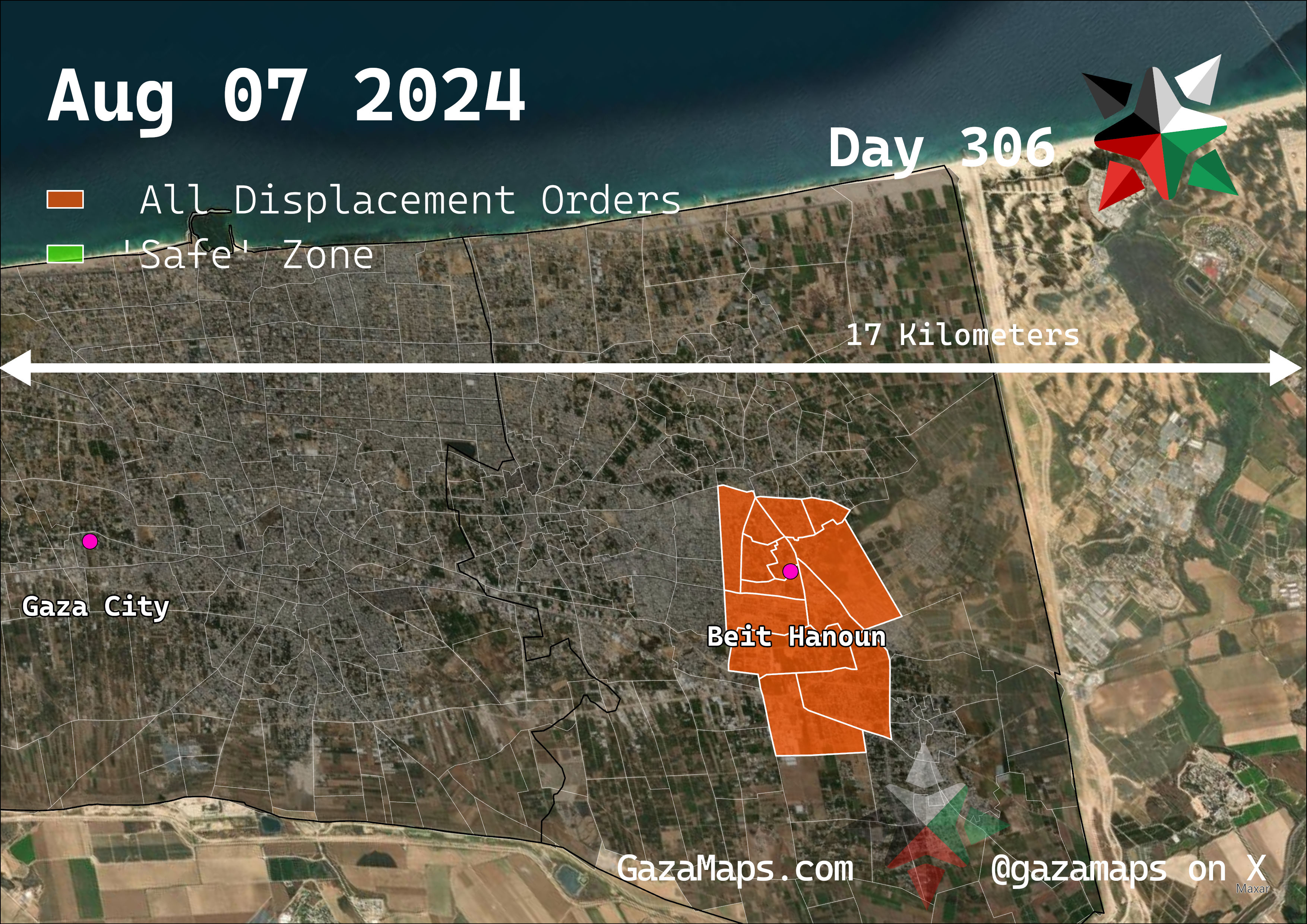 GazaMaps original map, based on IDF displacement order from 07 August, 2024