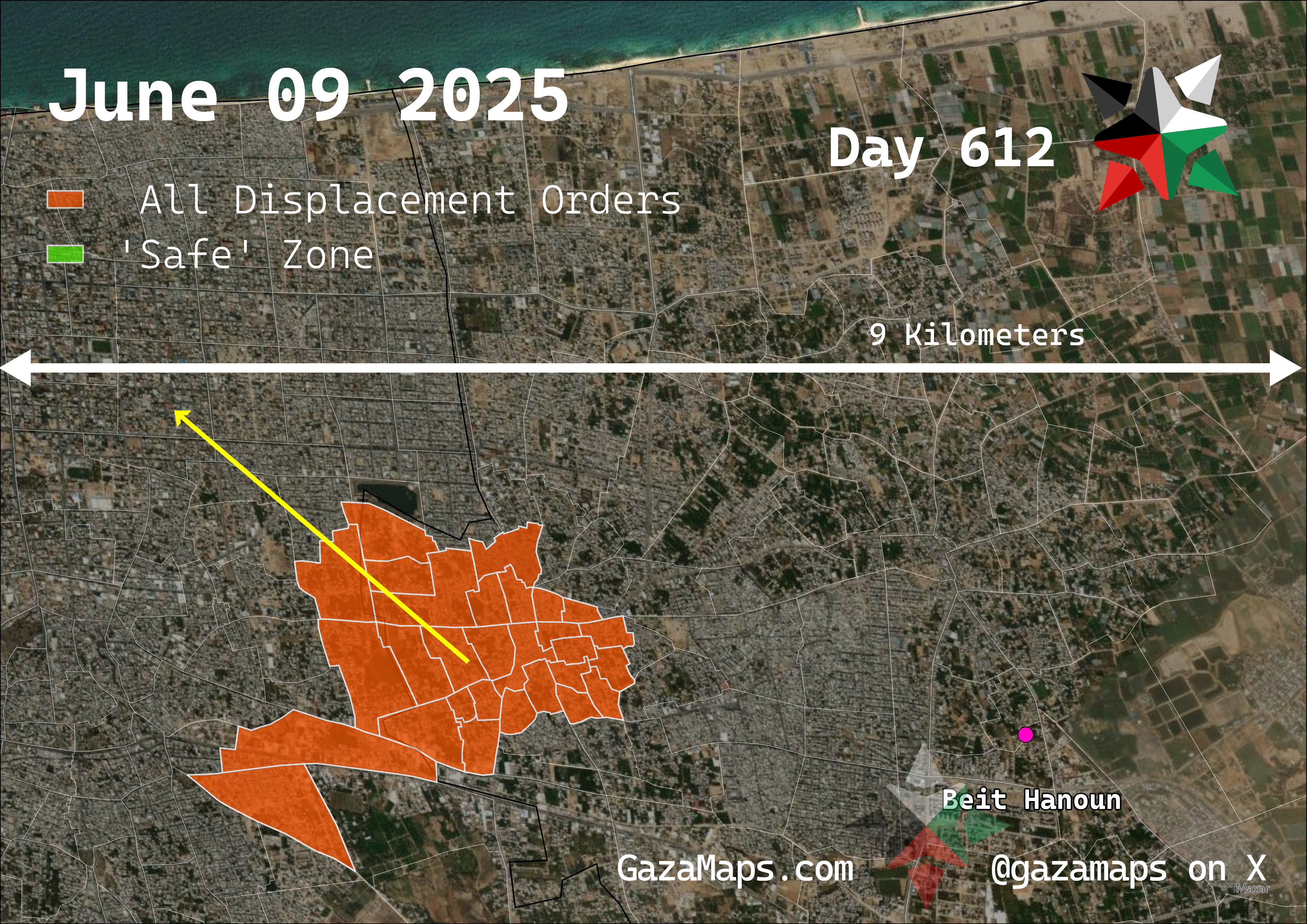 GazaMaps original map, based on IDF displacement order from 09 June, 2025