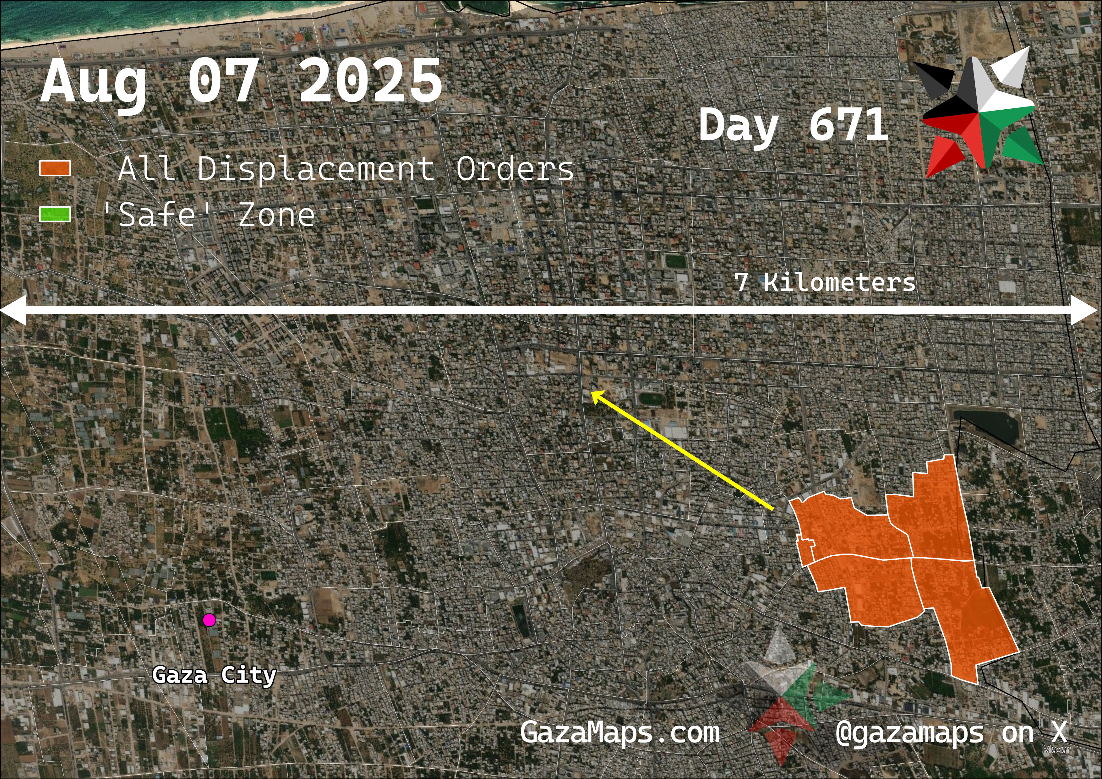 GazaMaps original map, based on IDF displacement order from 07 August, 2025