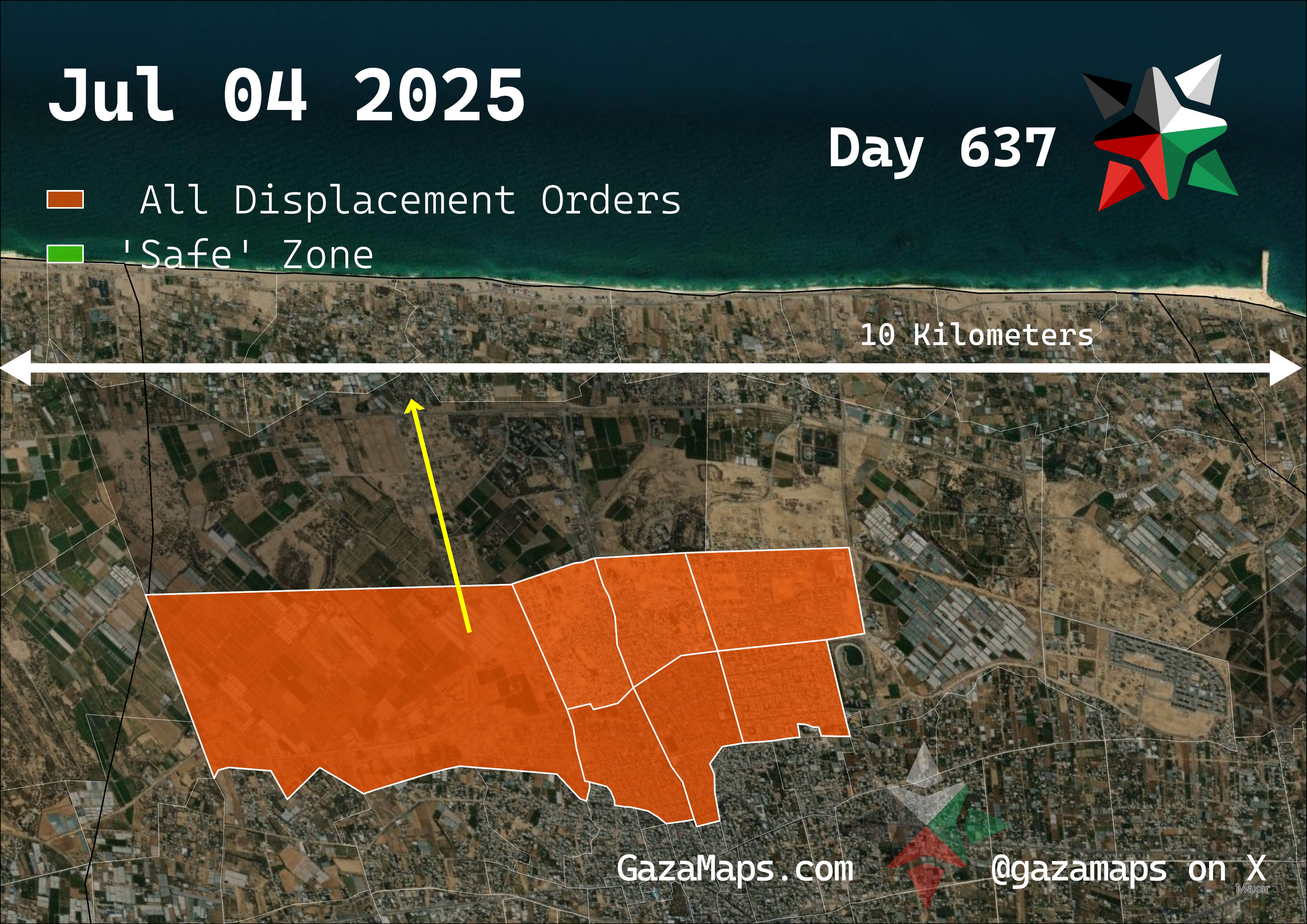 GazaMaps original map, based on IDF displacement order from 04 July, 2025