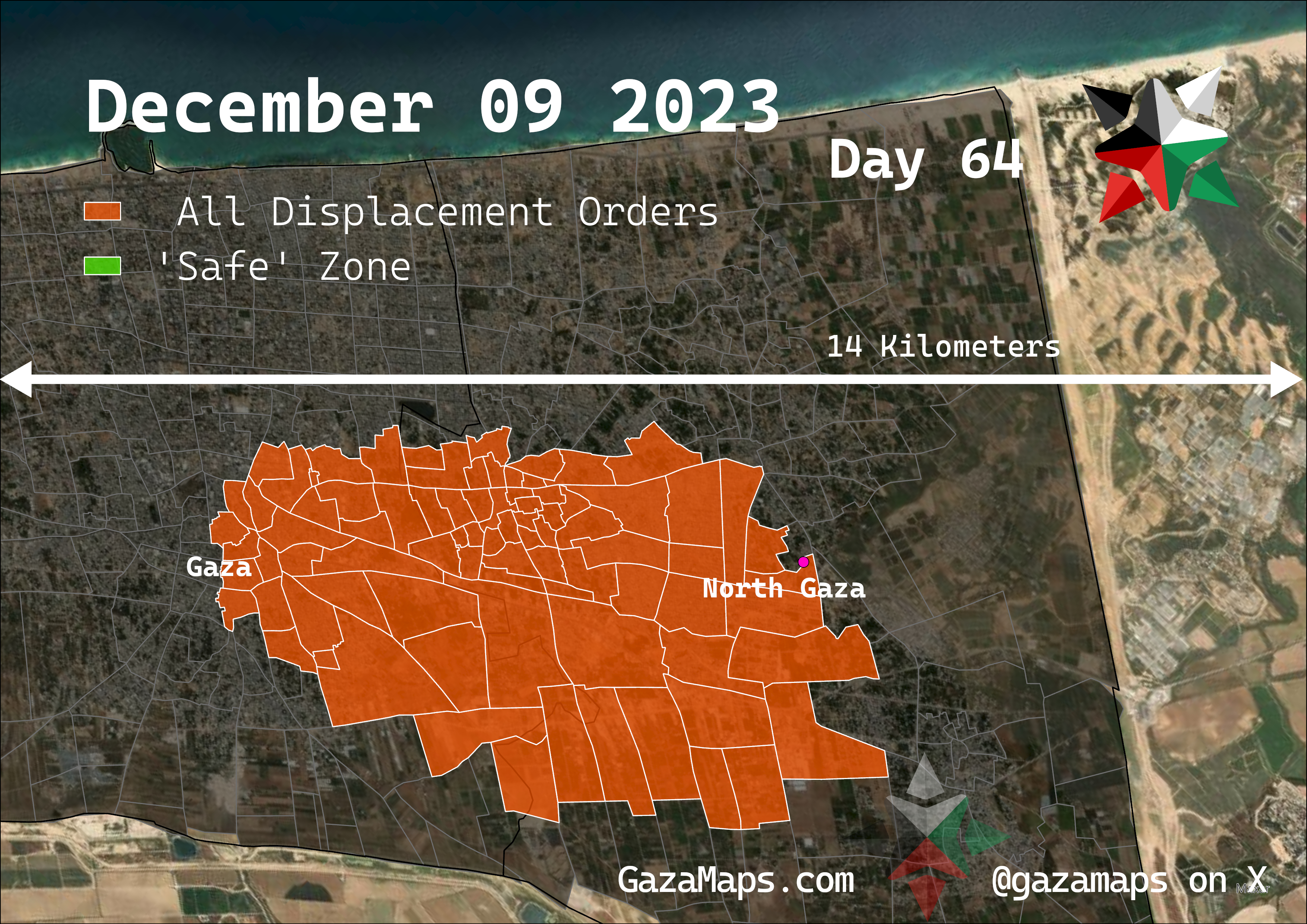 GazaMaps original map, based on IDF displacement order from 09 December, 2023