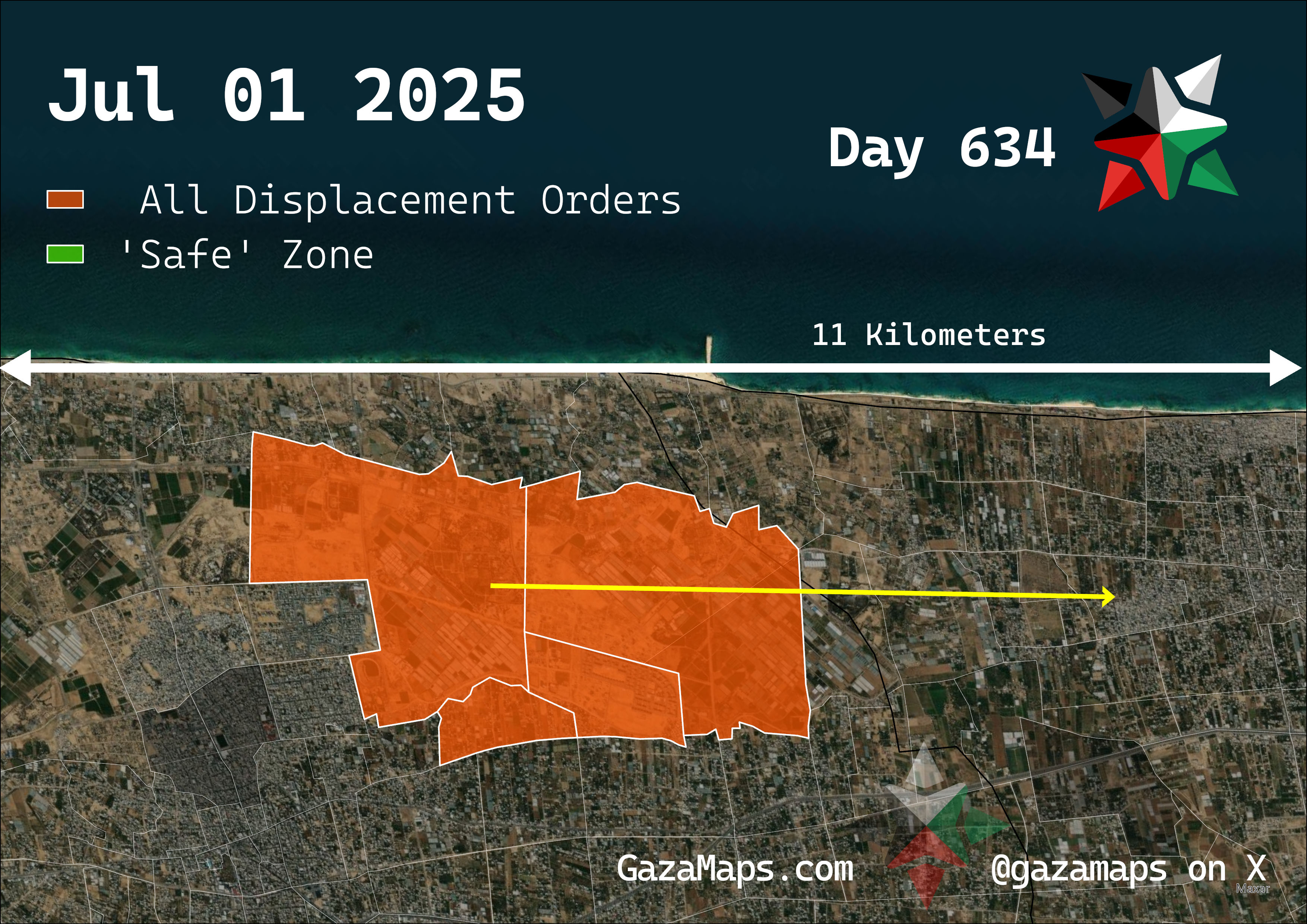 GazaMaps original map, based on IDF displacement order from 01 July, 2025