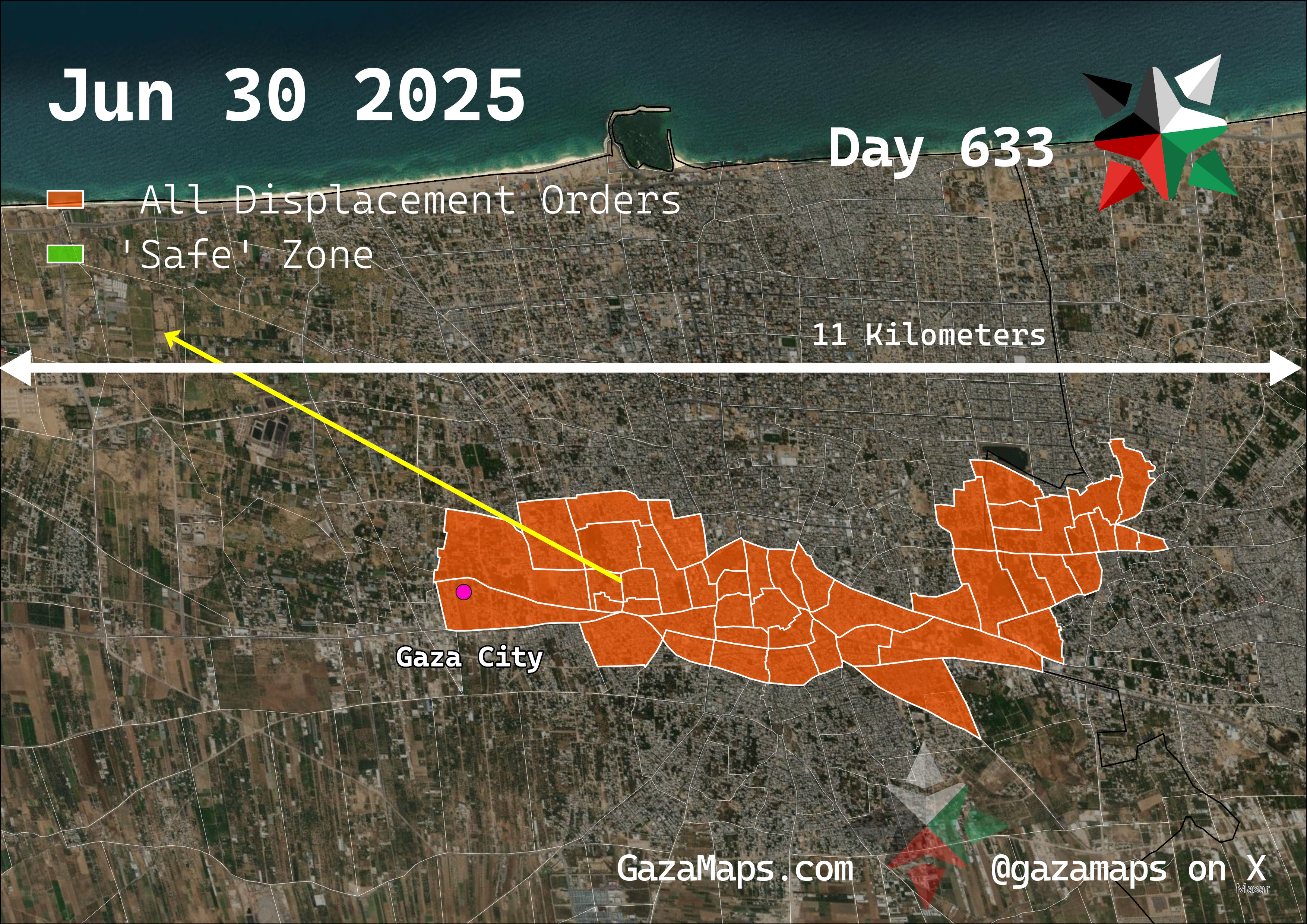 GazaMaps original map, based on IDF displacement order from 30 June, 2025