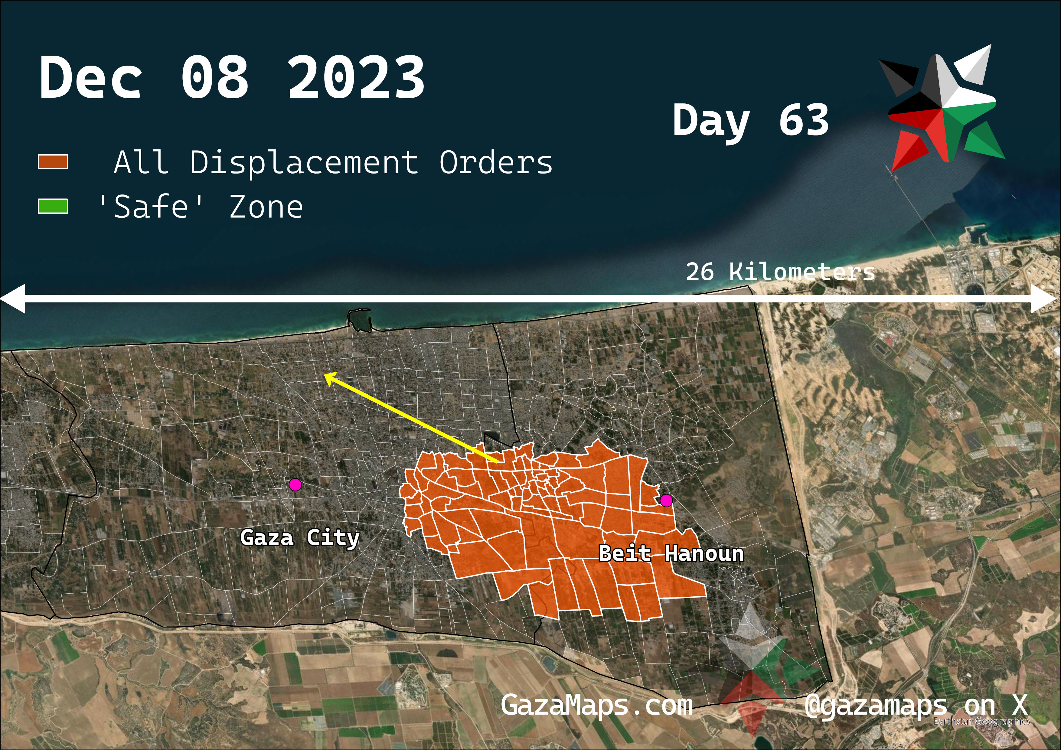 GazaMaps original map, based on IDF displacement order from 08 December, 2023