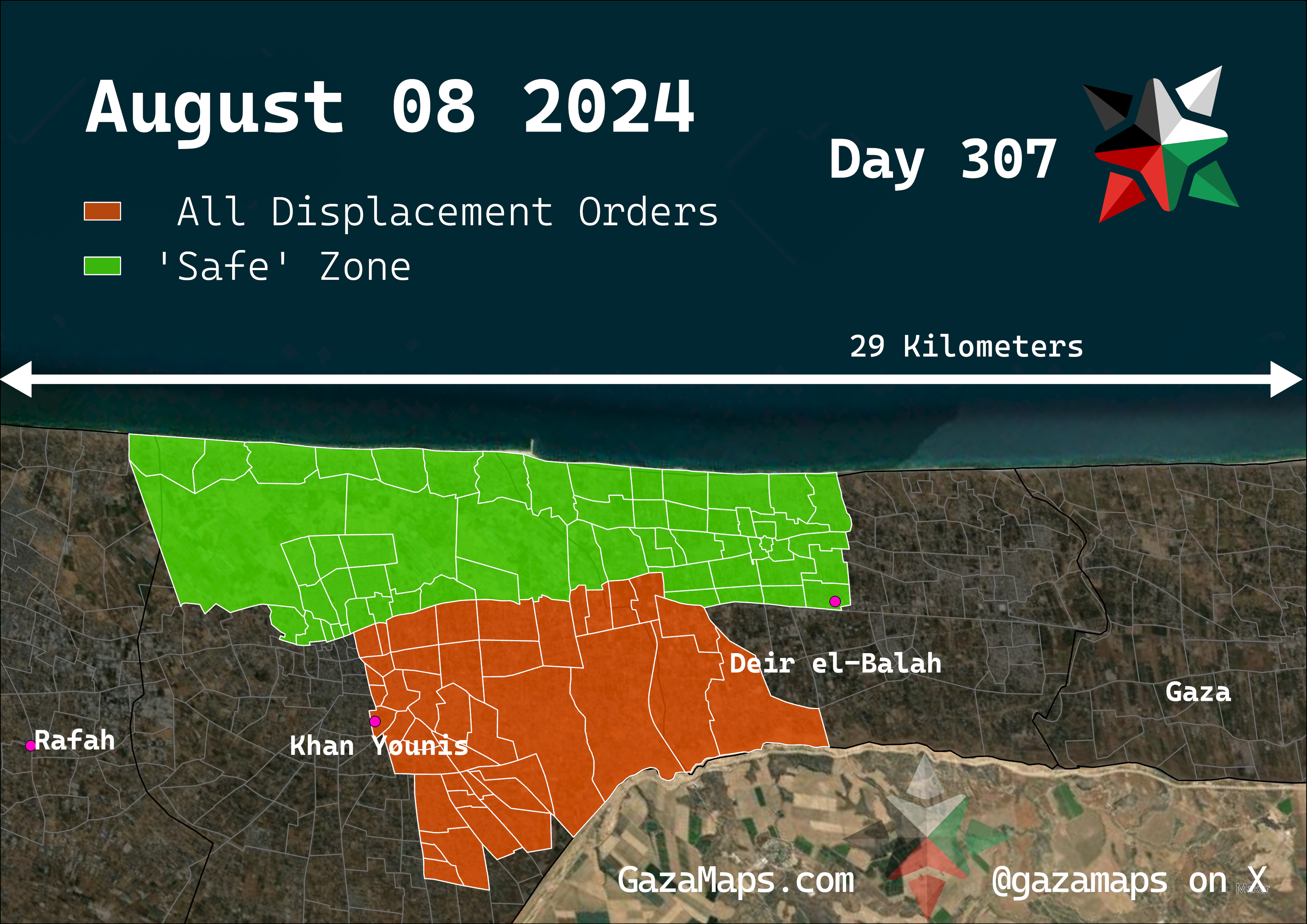 GazaMaps original map, based on IDF displacement order from 08 August, 2024