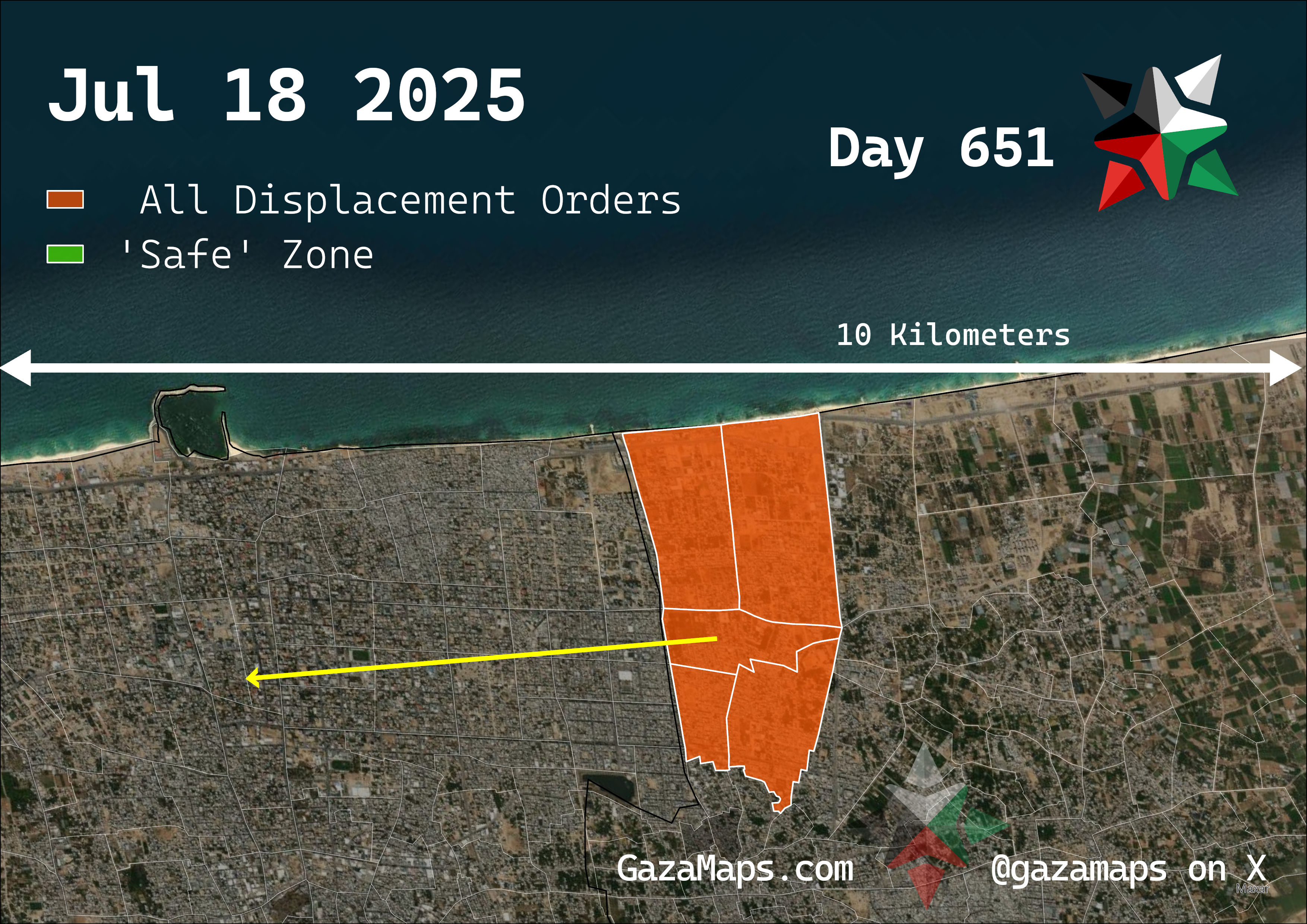 GazaMaps original map, based on IDF displacement order from 18 July, 2025