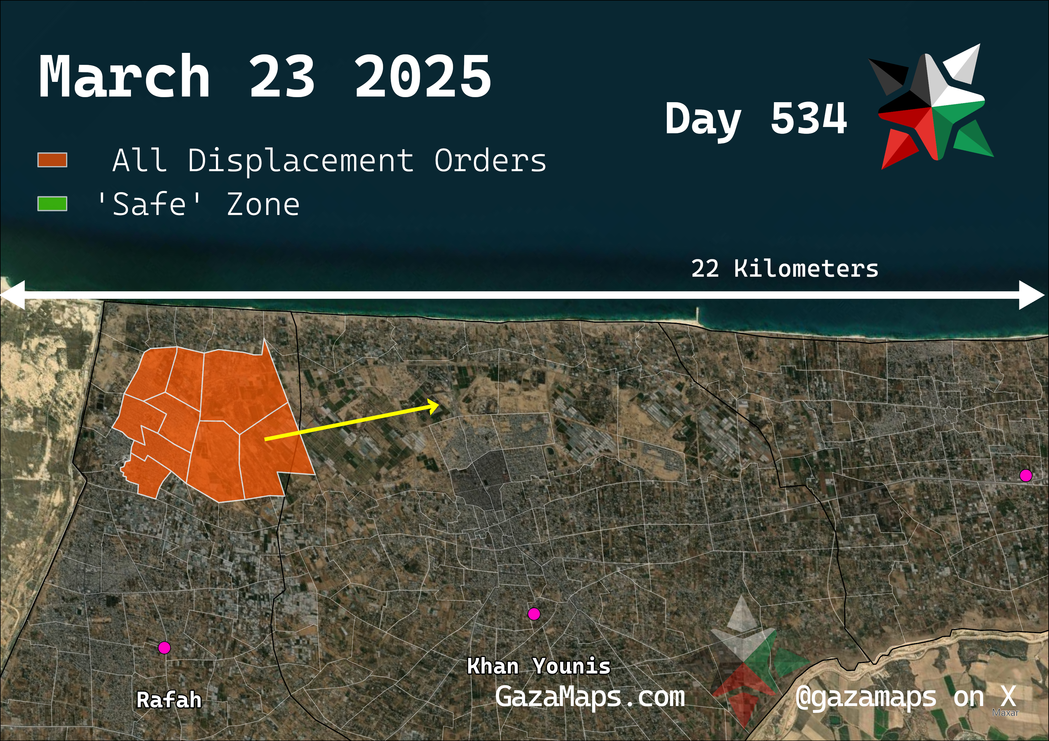 GazaMaps original map, based on IDF displacement order from 23 March, 2025