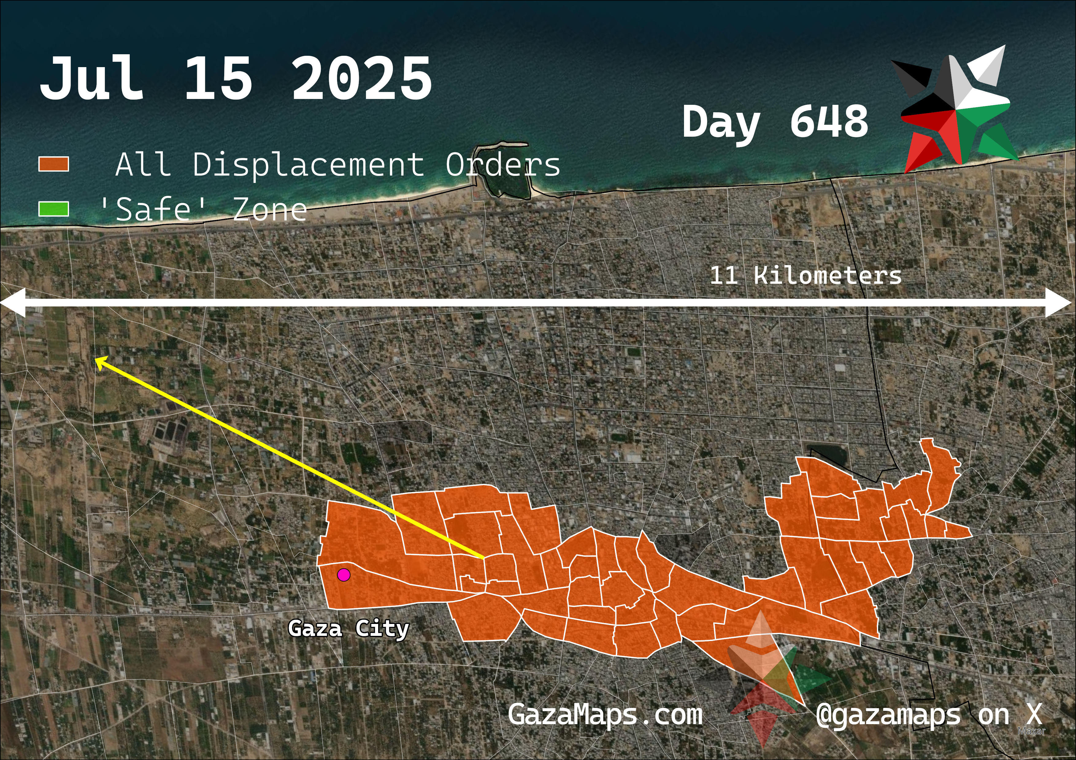 GazaMaps original map, based on IDF displacement order from 15 July, 2025
