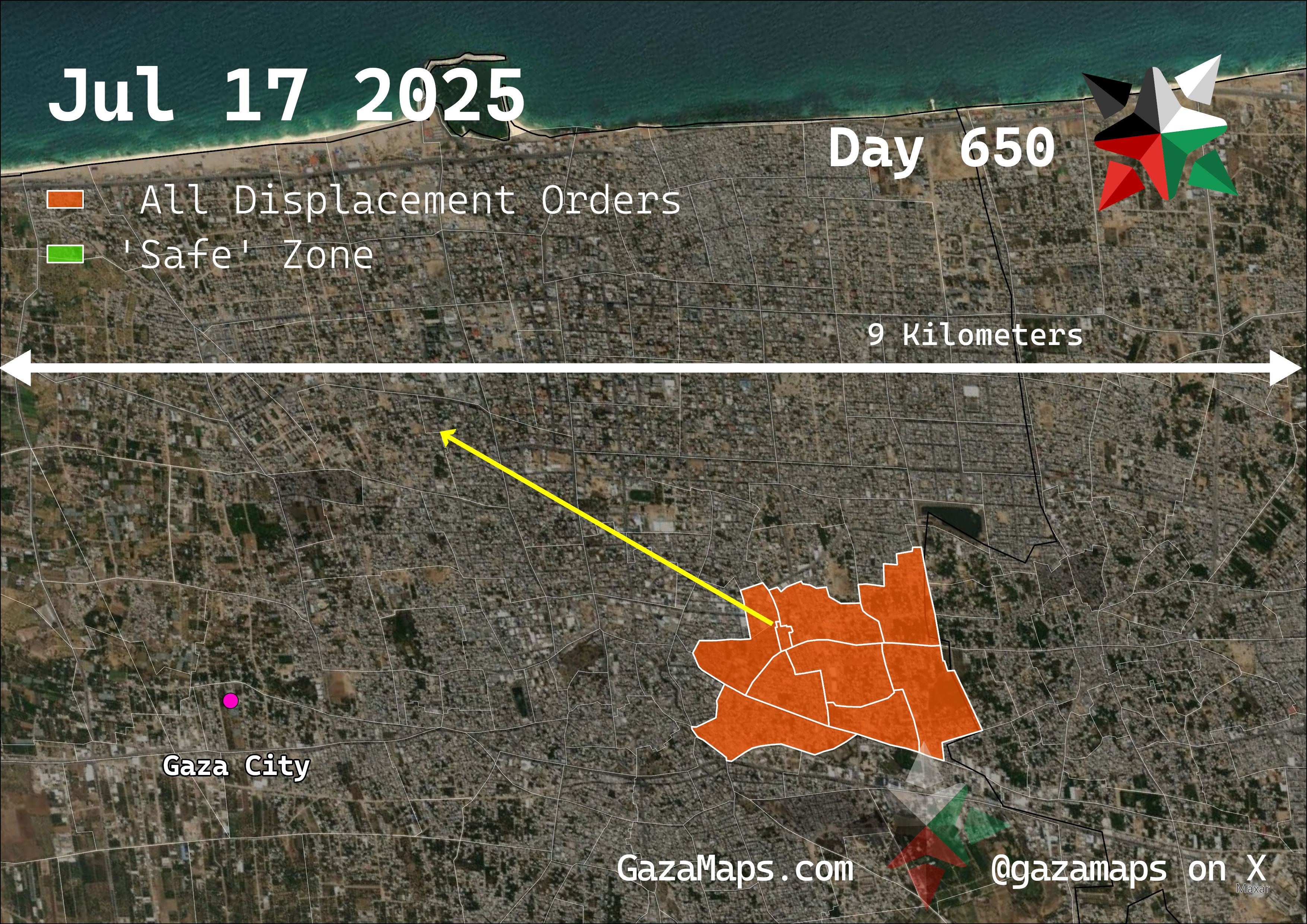 GazaMaps original map, based on IDF displacement order from 17 July, 2025